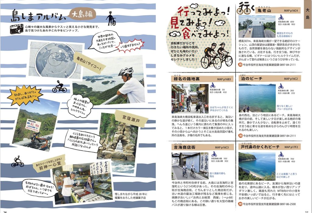 しまなみ海道サイクリングのガイドブック『しまなみ島走BOOK』の「行く」「見る」「食べる」カテゴリー別の情報